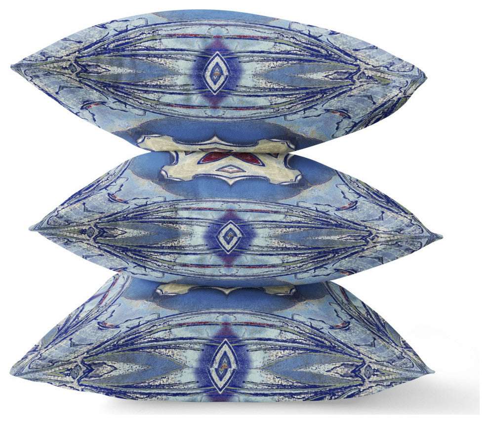 16" Blue Cream Geo Tribal Suede Throw Pillow