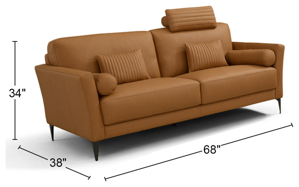 Leather Upholstered Loveseat With Five Pillows, Saddle Tan