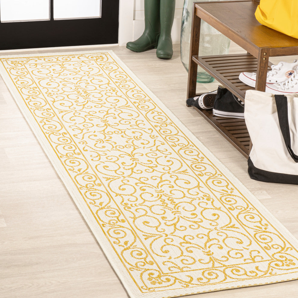 Charleston Filigree Textured Weave Indoor/Outdoor, Cream/Yellow, 2 X 8
