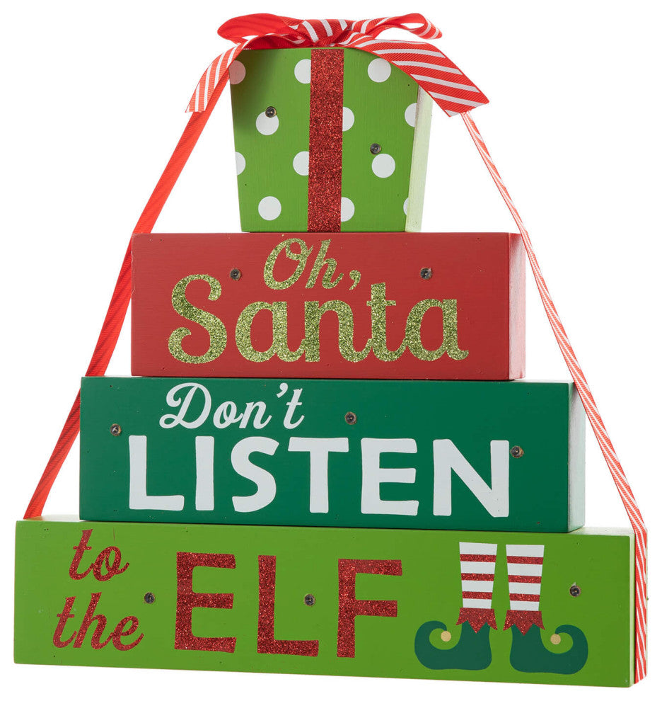 12"H Lighted Wooden Christmas Block Table Decor, Gift Box