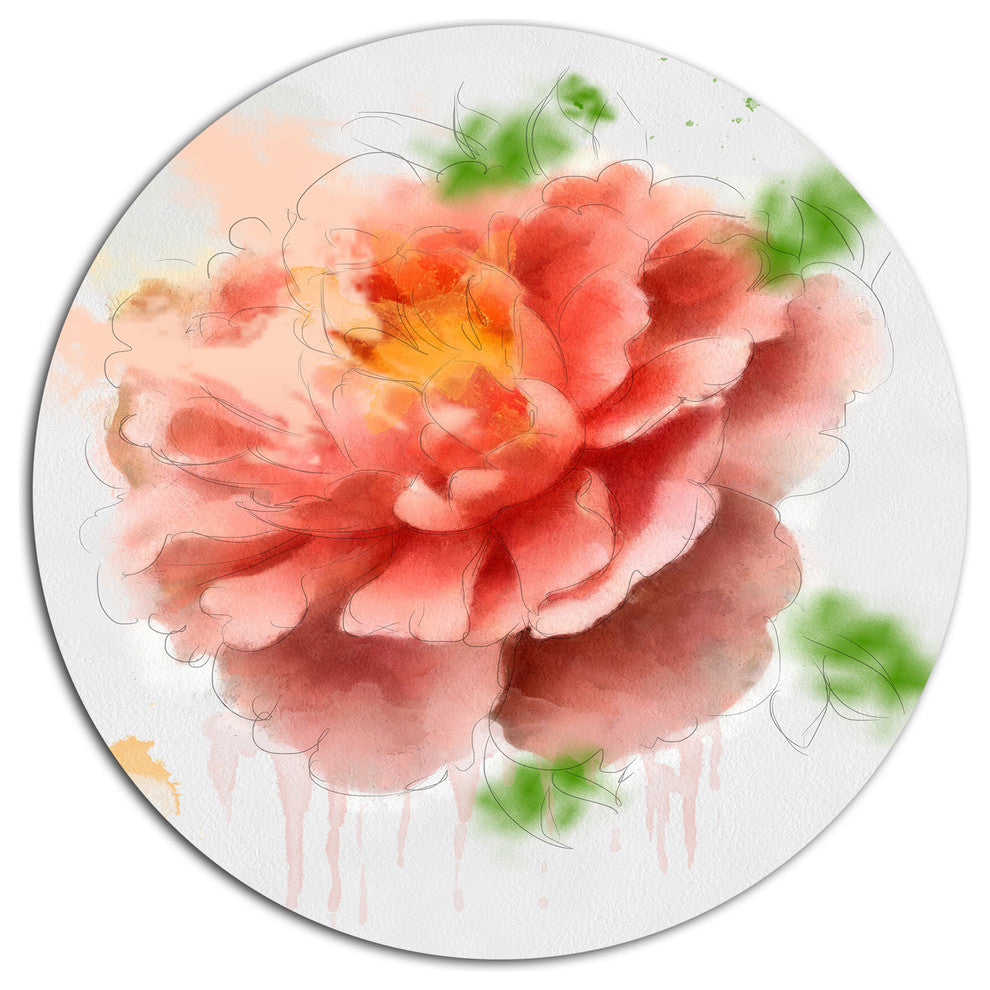 Light Red Rose Sketch Watercolor, Floral Large Disc Metal Wall Art, 23"