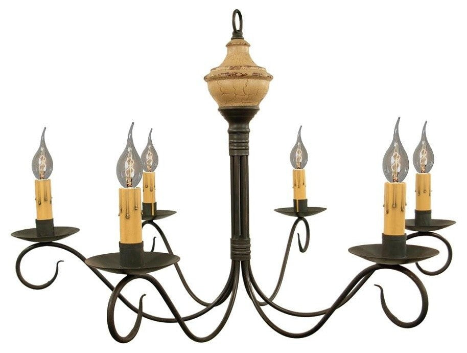 6 Arm Colonial Chandelier Wood Metal Handcrafted, Buttermilk on Barn Red