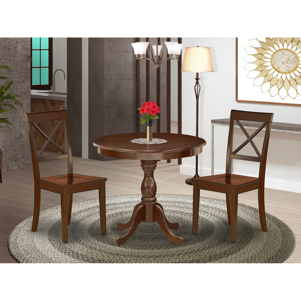 3 Pc Dining Set, 1 Round Pedestal Table, 2 Mahogany Dinning Chairs