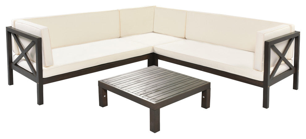 4 Pieces Outdoor Wood Patio Sectional sofa set With Cushions and Table