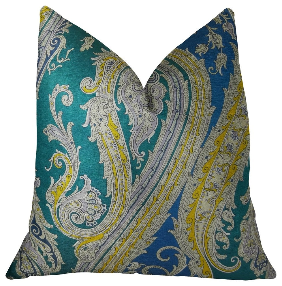 Annalise Blue Yellow and Green Handmade Luxury Pillow, 20"x30" Queen