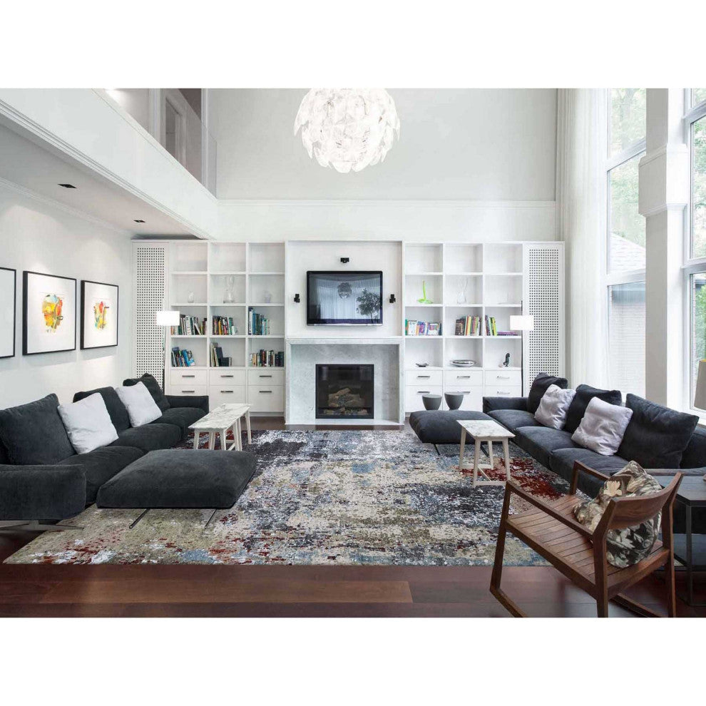 Blue Hand Knotted, Densely Woven Wool, Oversized Oriental Rug, 12'0"x15'2"