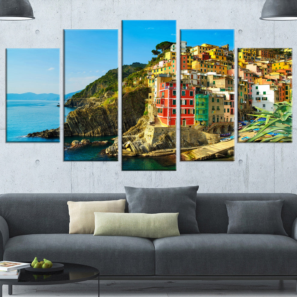 Riomaggiore Village Rocky Beach, Seascape Canvas Art Print, 60"x32", 5 Panels