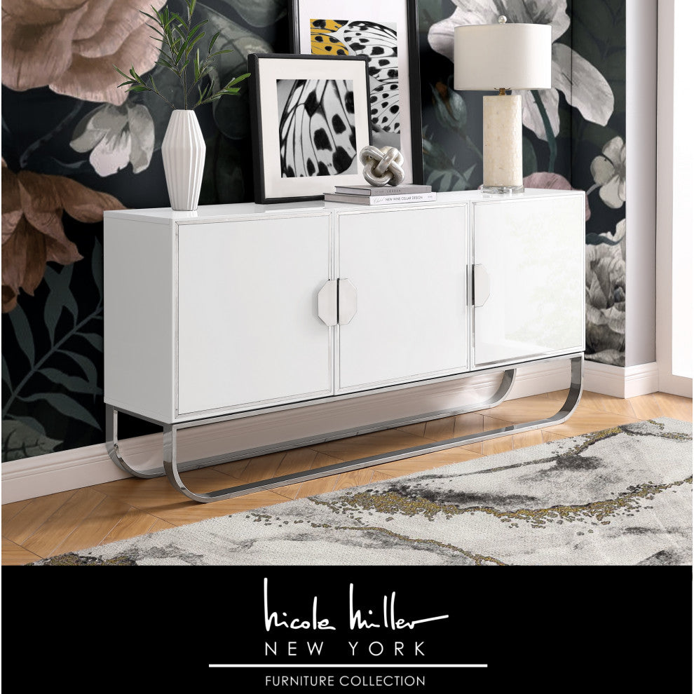 Nicole Miller Jacelynn Sideboard, White/Chrome, 3-Door