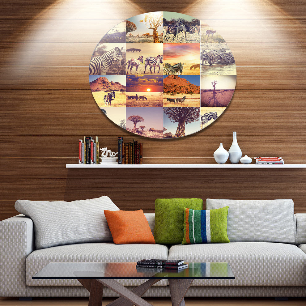African Wildlife And Nature Collage, African Round Metal Wall Art, 36"