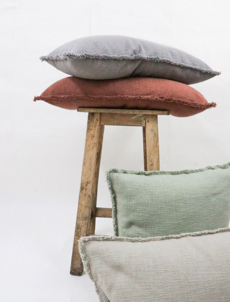 Organic Chic Washed Textured Lumbar Pillow With Frayed Edges, Shade Gray