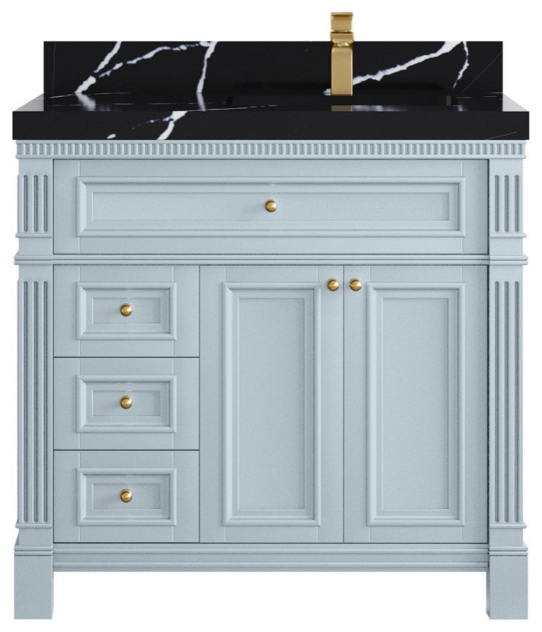 Paris 36" Right Offset Bathroom Vanity, Blue Heather 2" Calacatta Black