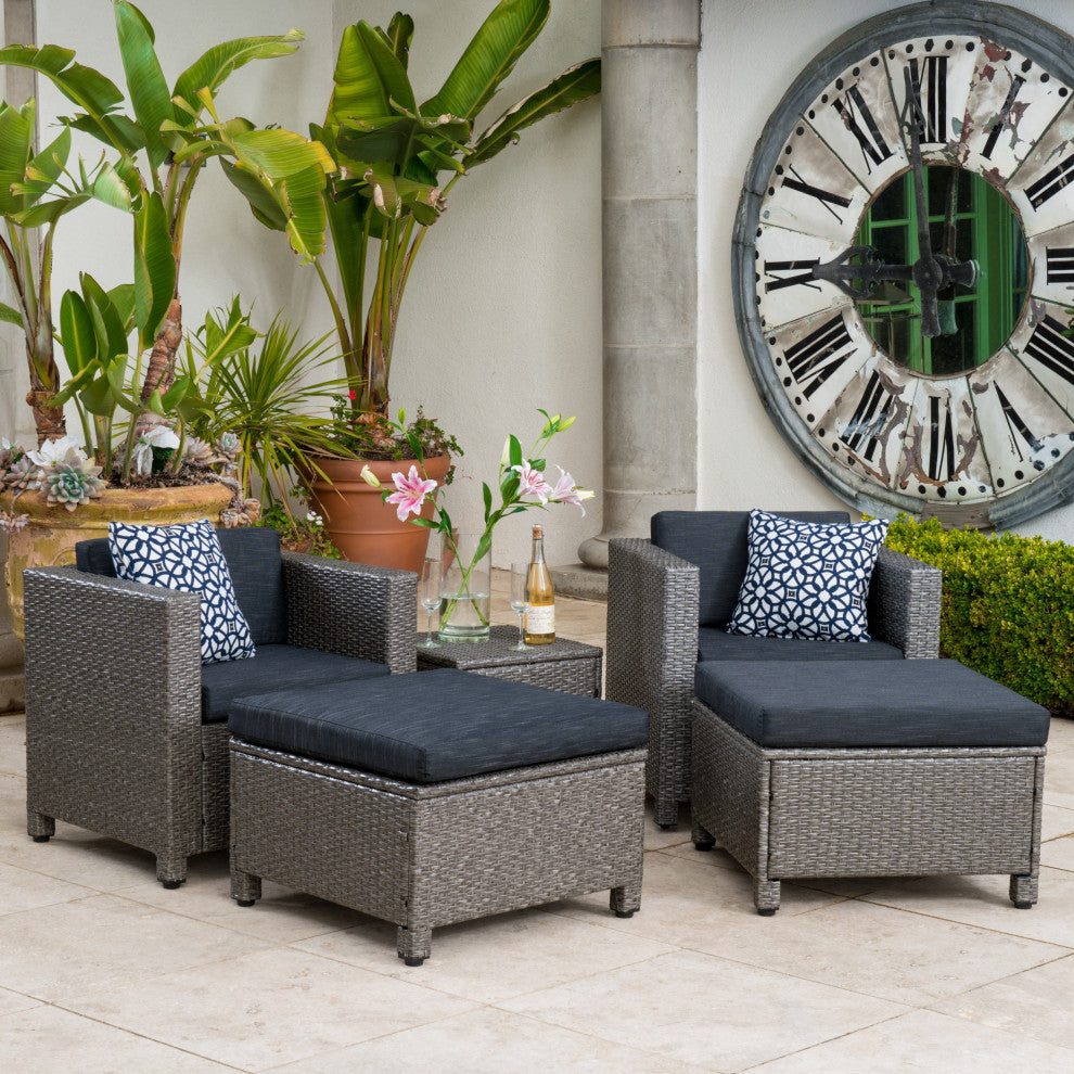 GDF Studio 5-Piece Venice Outdoor Wicker Chat Set With Water Resistant Cushions, Dark Gray