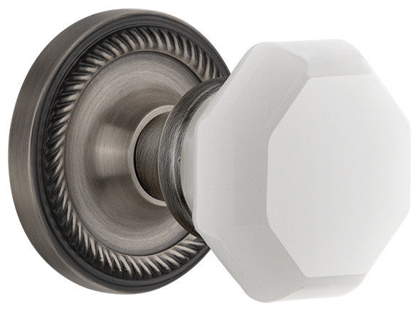 Rope Rosette Passage Waldorf White Milk Glass Knob, Antique Pewter