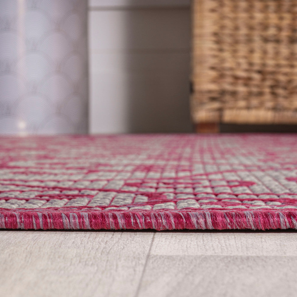 Madrid Vintage Filigree Textured Weave Indoor/Outdoor, Light Gray/Fuchsia, 2x10