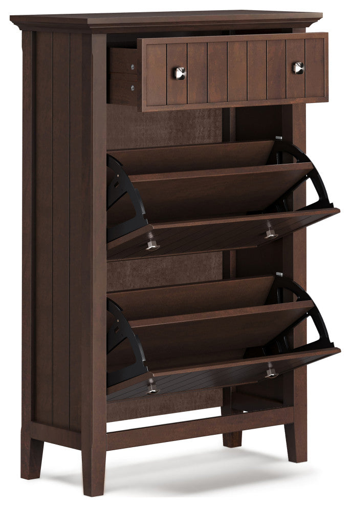 Front view with drawers opened to show interior storage on white background