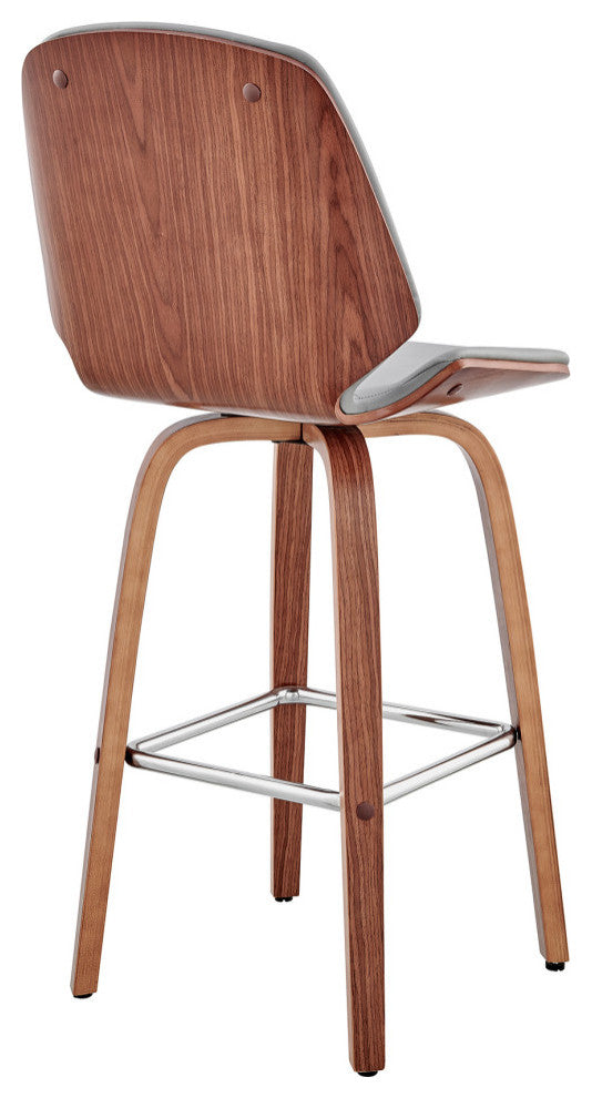 Arabela Faux Leather and Wood Swivel Bar Stool, Gray and Walnut