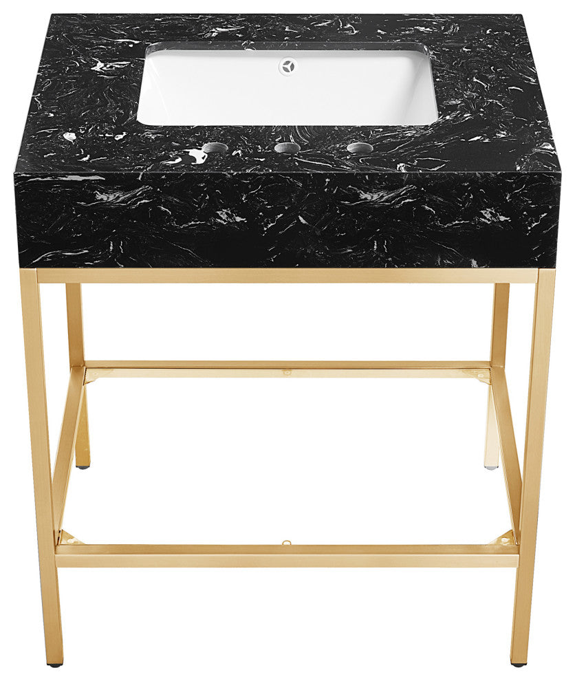 Marmo Bathroom Vanity, Black, 30" Wide, Brushed Brass Finish