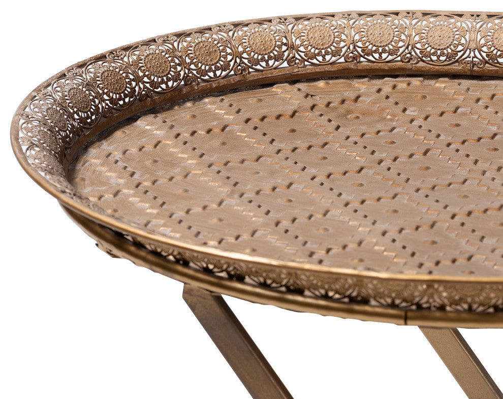 Sabah Traditional Moroccan Matte Antique Gold Finish Metal Foldable Tray Table