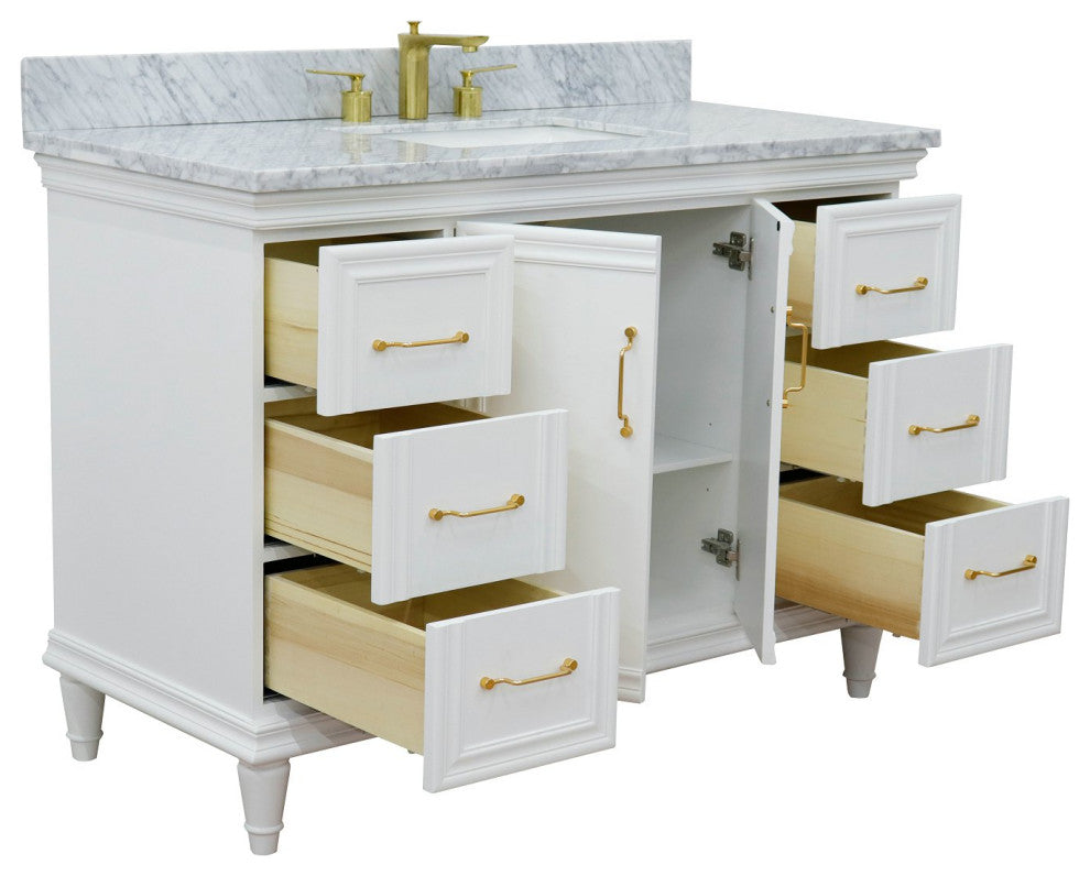 49" Single Sink Vanity, White Finish With White Carrara Marble