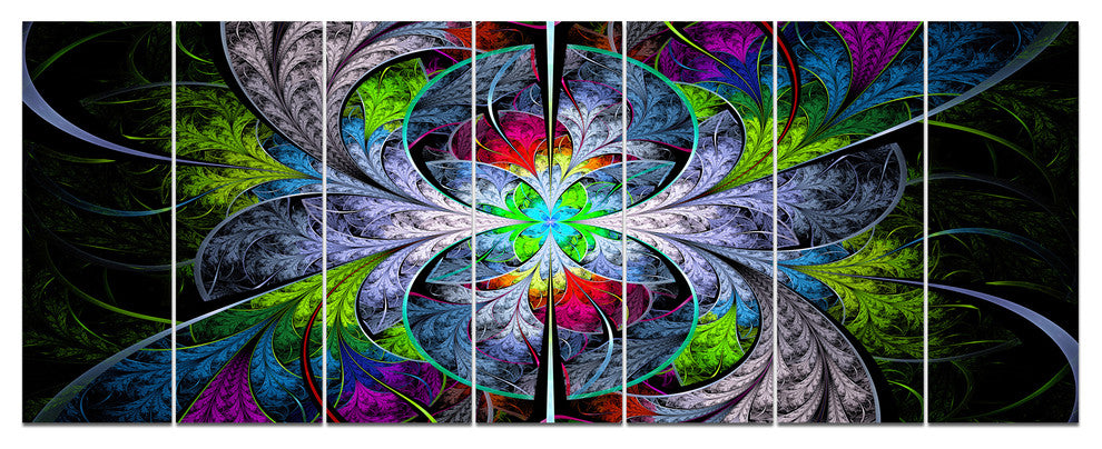 Multi Color Fractal Stained Glass, Abstract Wall Art Canvas, 83"x32", 7 Panels