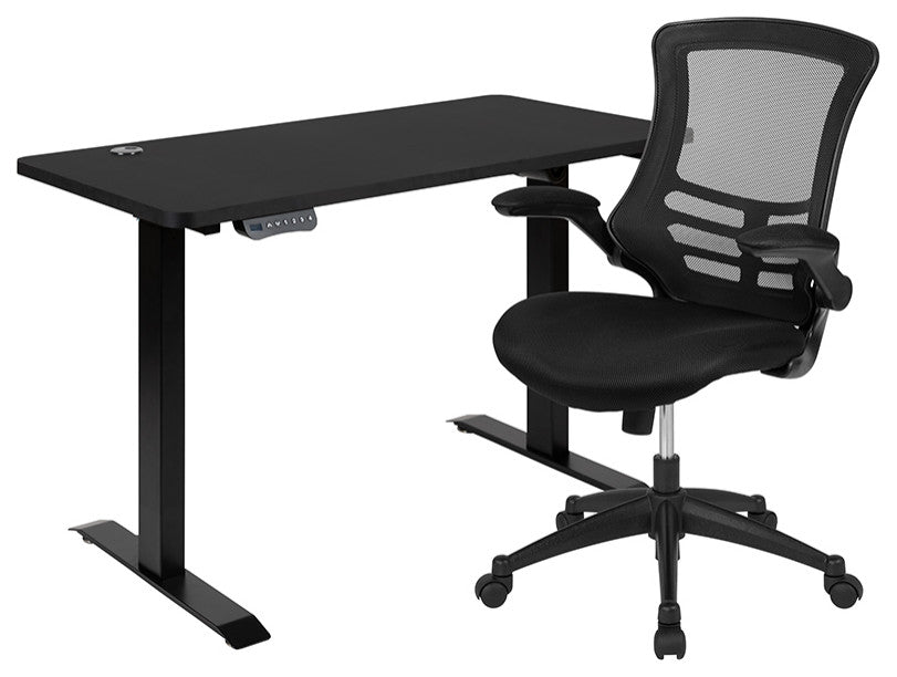 Black Electric Height Adjustable Stand Up Desk with Office Chair