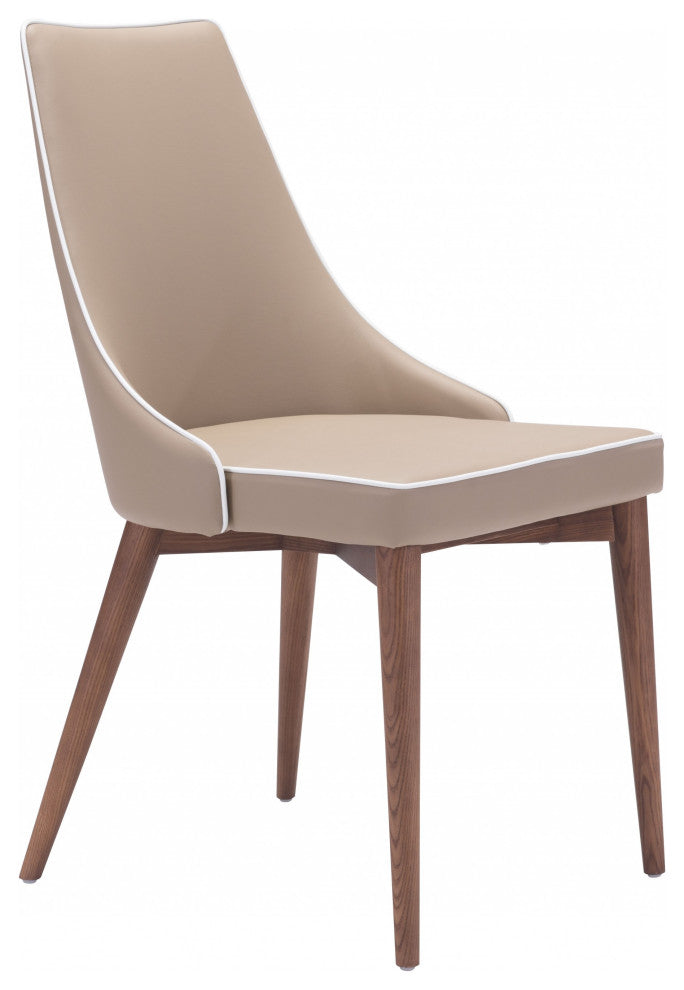 Set of Two Beige With White Piping and Walnut Dining Chairs