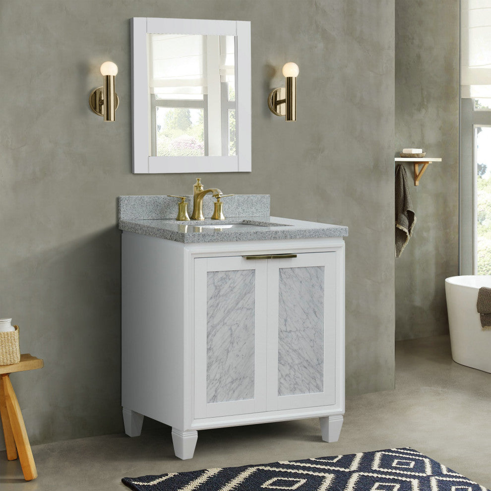 31" Single Sink Vanity, White Finish With Gray Granite With Rectangle Sink