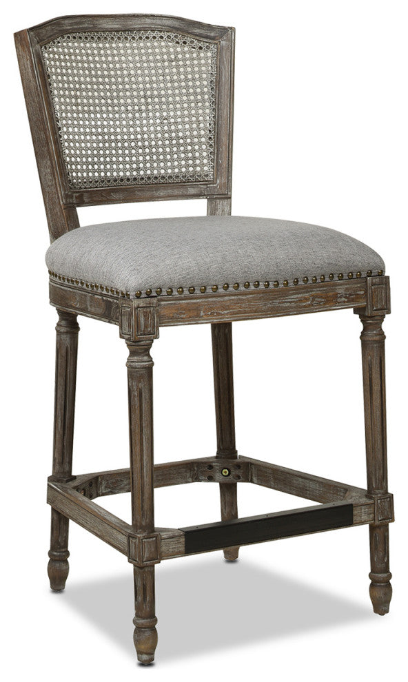 Triomphe 26.5" Oak Rattan Wicker Counter Stool, Heathered Gray Linen