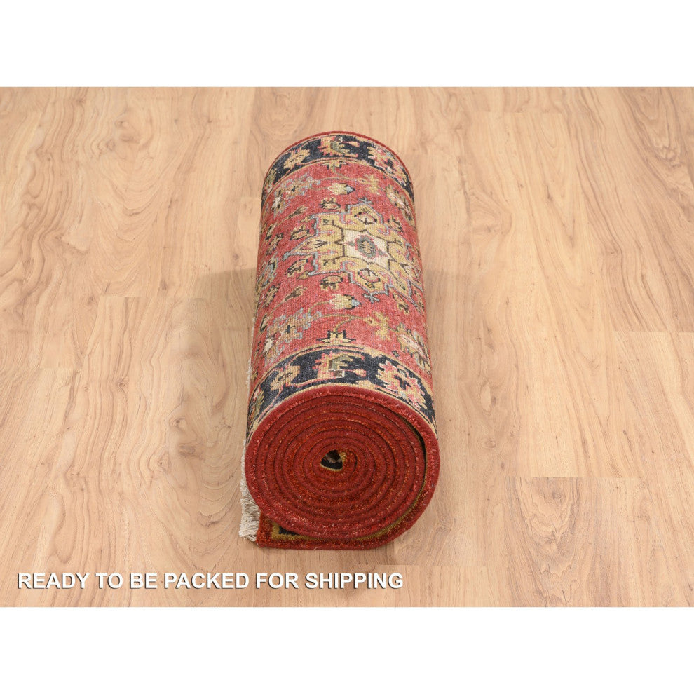 Red and Black, Hand Knotted Karajeh Design, Pure Wool Runner Rug, 2'9"x12'0"