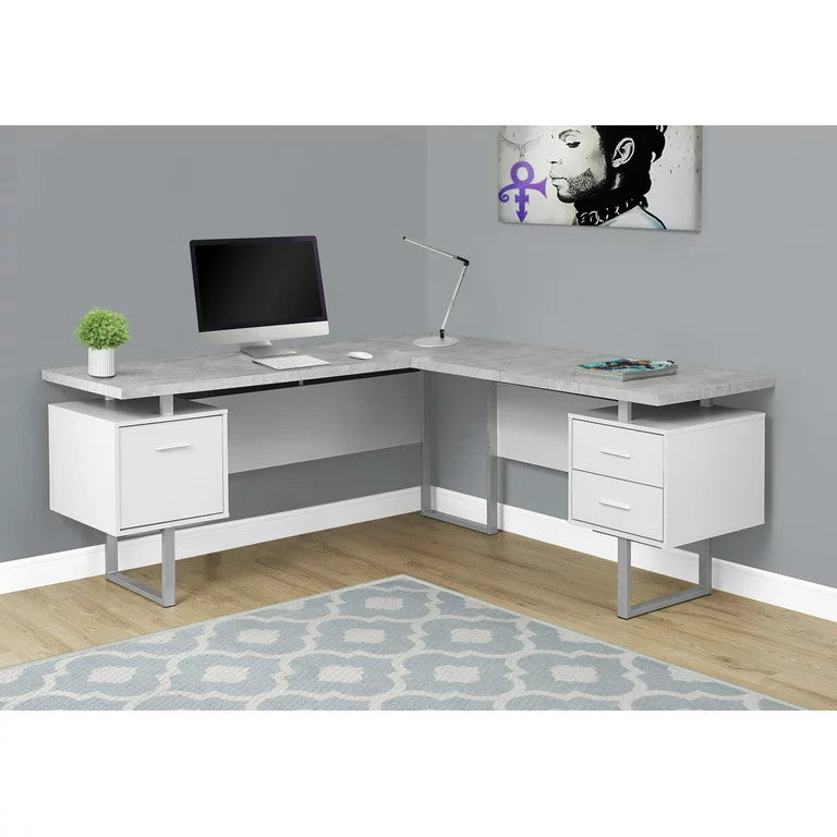 Modern Desk, L-Shaped Design With White Drawers/Cabinet & Gray Finished Top