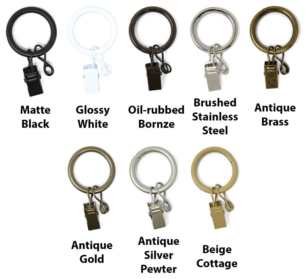 1" Metal Curtain Rings With Clips and Eyelets, Bronze, Set of 10