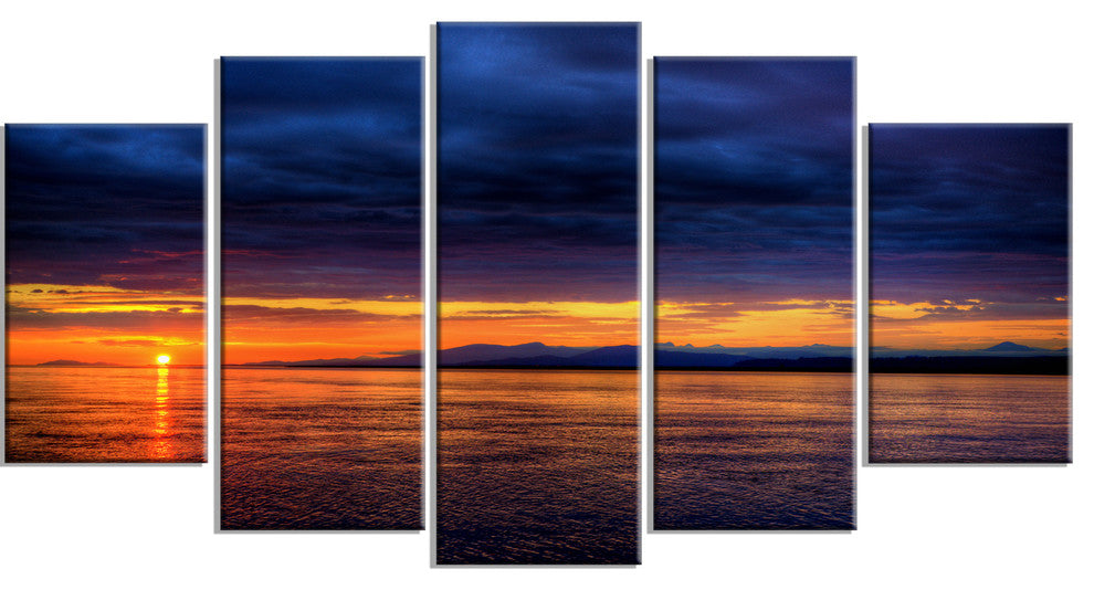 Blue Cloudy Sky and Setting Sun, Seashore Photo Canvas Print, 60"x32", 5 Panels