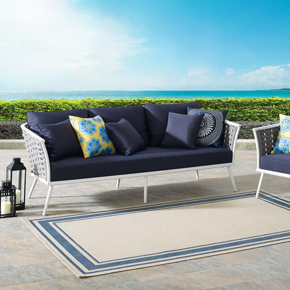 Modern Outdoor Patio Furniture Lounge Sofa, Fabric Aluminum, Navy Blue White