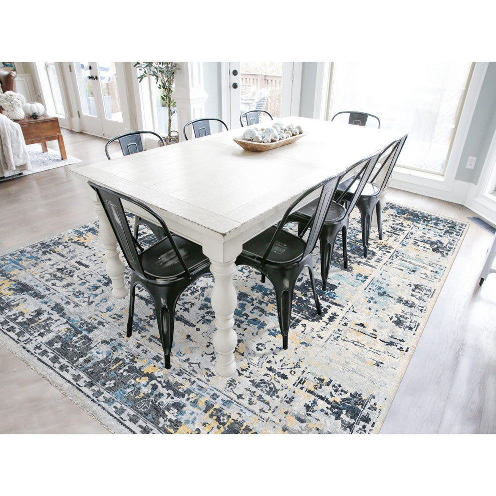 Ivory and Blue Hand Knotted Soft Wool Persian Design Oriental Rug  8'10"x12'