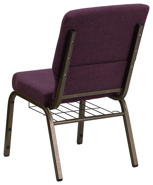 HERCULES 18.5'W Church Chair in Plum Fabric,Cup Book Rack - Gold Vein Frame