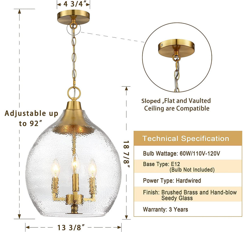 3 Light Globe Glass Pendant Light Gold Hanging Lamp
