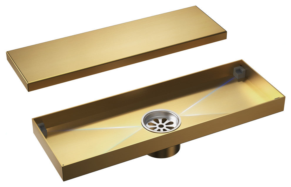 Linear Shower Drain with Hair Strainer and Reversible Tile Insert Cover, Brushed Gold