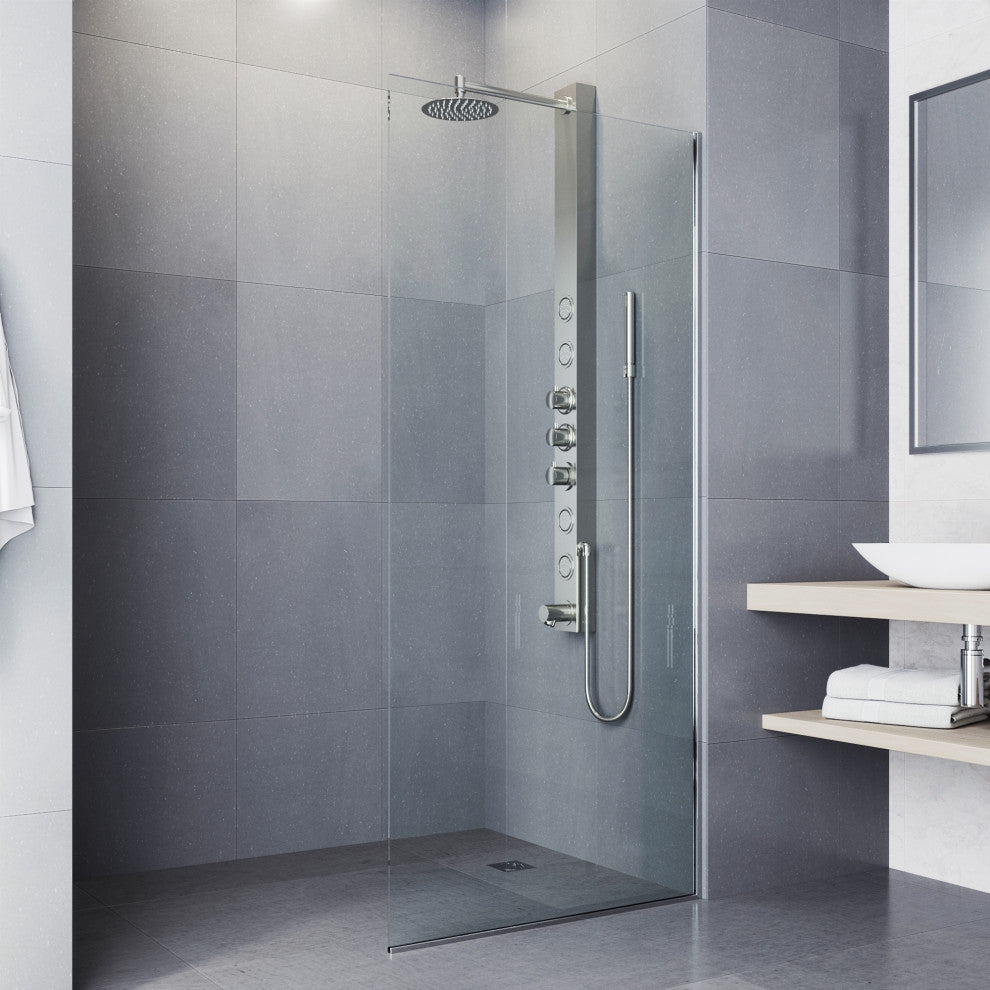 Bowery 58" H x 4" W 4-Jet Shower Panel with Round Shower Head and Tub Filler, Stainless