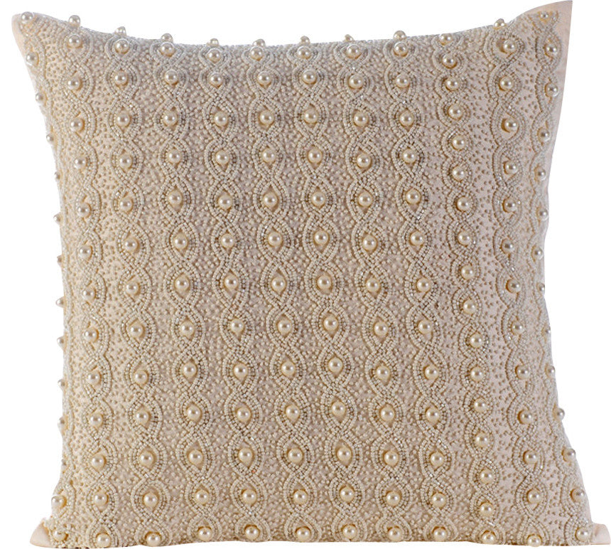Ivory Decorative Pillow Covers 24"x24" Silk, Pearl Bed