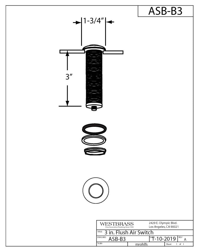 Replacement Disposal Air Switch Trim, Polished Brass