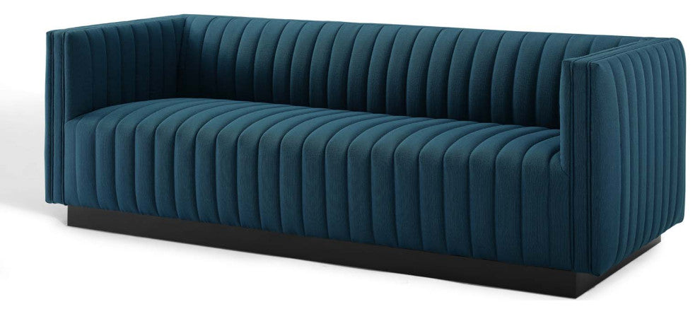 Tufted Sofa, Fabric, Navy Blue, Modern, Living Lounge Hotel Lobby Hospitality