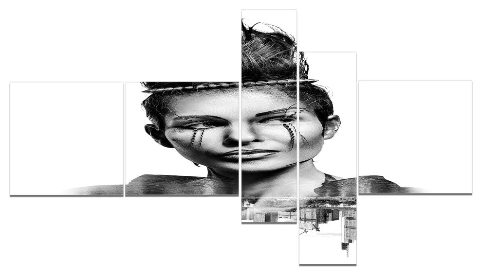 Double Exposure Woman With Hair, Portrait Canvas Art Print, 60"x32", 5 panels