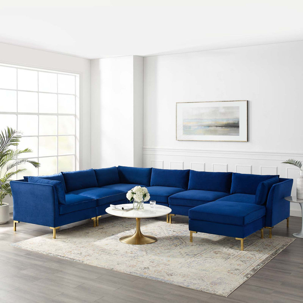 Sectional Sofa Set, Velvet, Blue Navy, Modern, Living Lounge Hotel Hospitality
