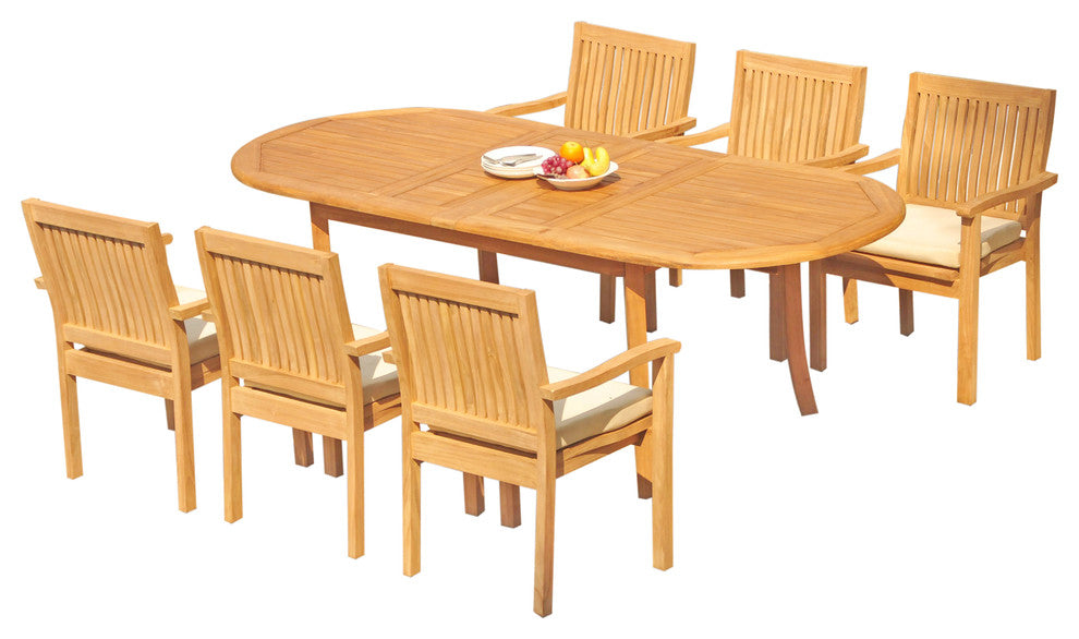 7-Piece Outdoor Teak Dining Set: 94" Oval Table, 6 Leveb Stacking Arm Chairs