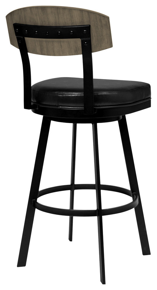 Frisco 30" Barstool, Matte Black Finish With Black Faux Leather & Gray Walnut