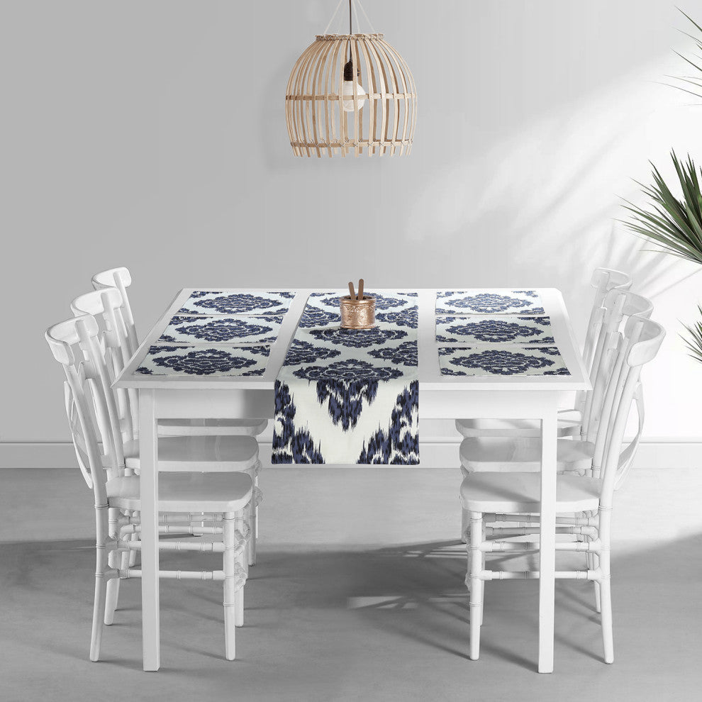 Ikat Printed Cotton Table Runner and Placemats, Ikat Blue