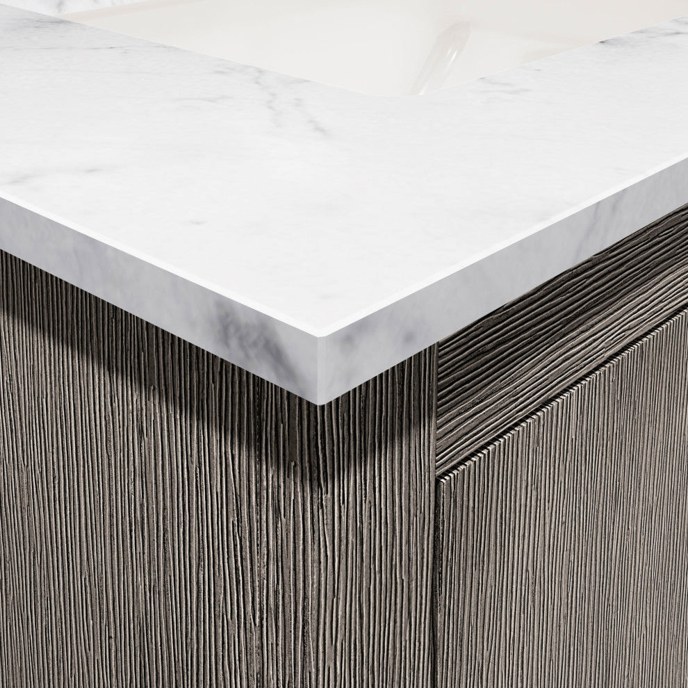 Hugo 30 Single Sink White Marble Countertop Vanity, Gray Oak With Mirror