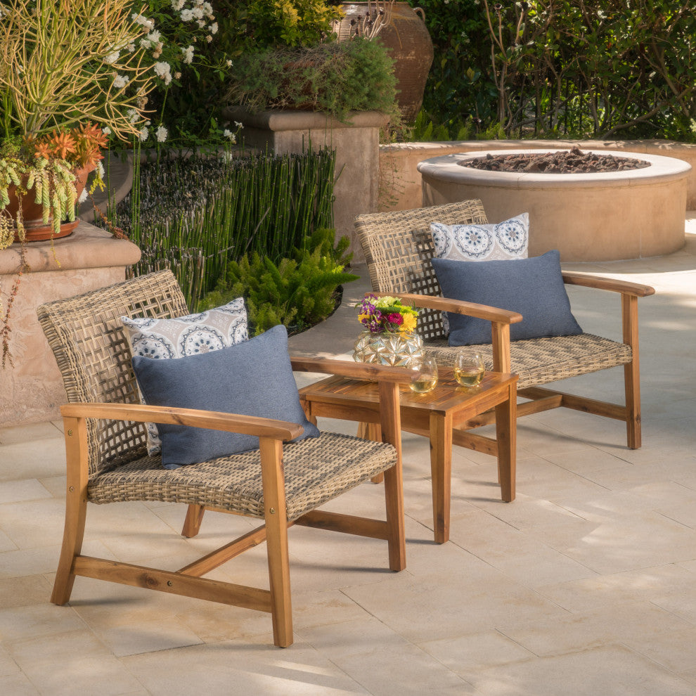 GDF Studio Savannah Outdoor Acacia Wood Frame Wicker Club Chairs, Set of 2