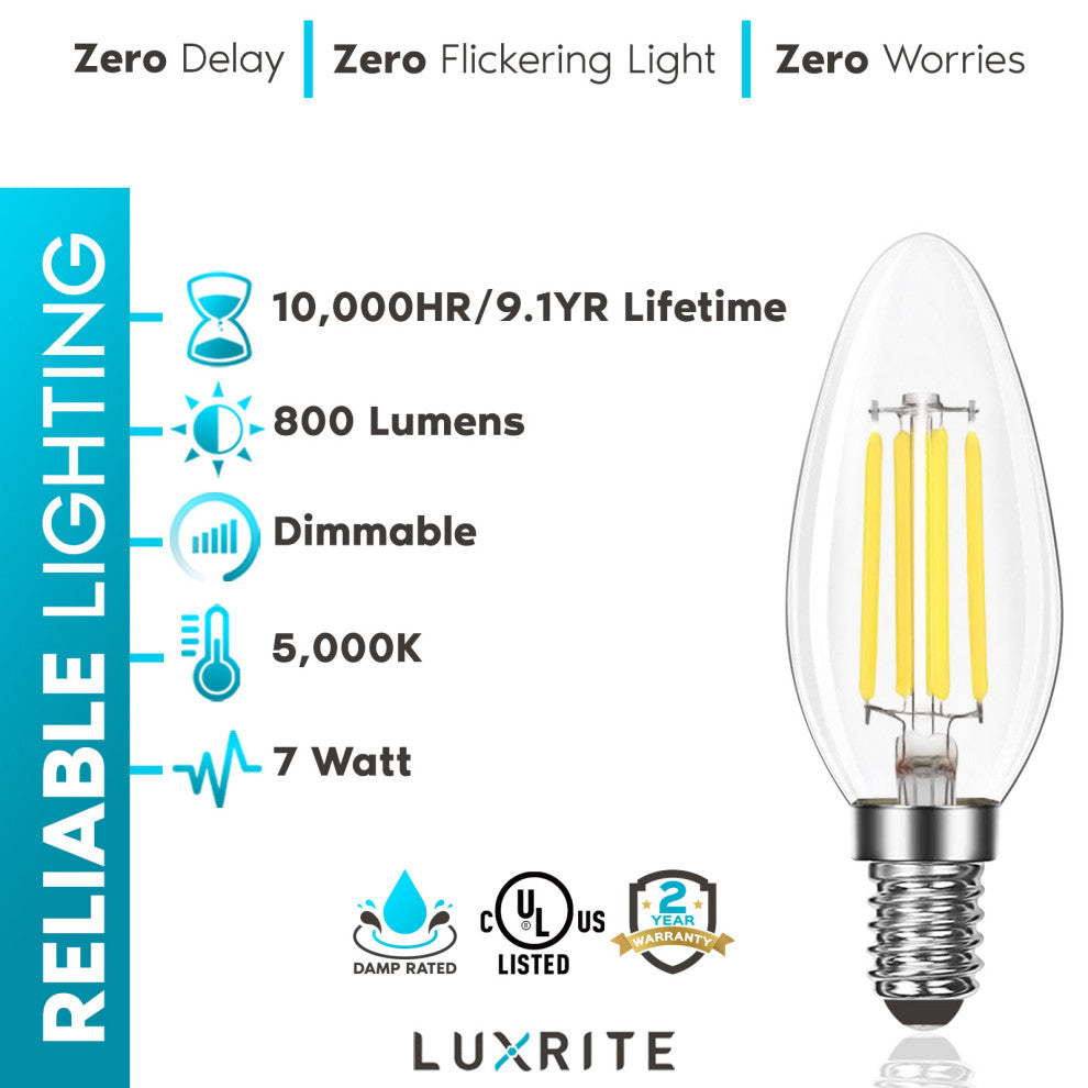 Luxrite 100W Candelabra LED Light Bulbs B11 5000K 800LM E12 16-Pack