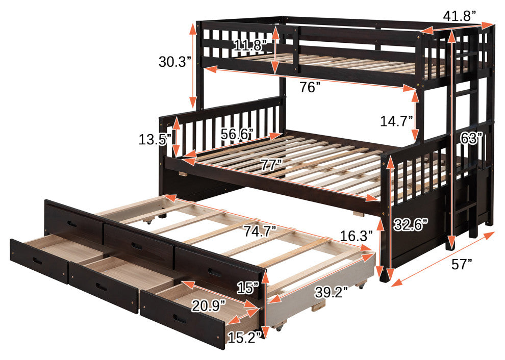 Gewnee Wood Kids Convertible Twin-Over-Full Bunk Bed with Trundle in Espresso
